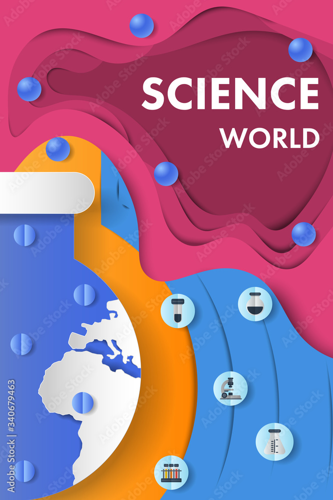 Colorful science cover in paper art style with world map on big flask and laboratory equipment icon.