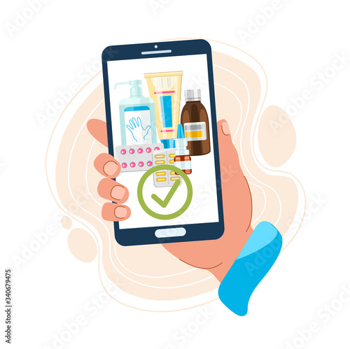 Hand holds a phone with a successful pharmacy order. Concept for online ordering of drugs. Safety home and quarantine concept. Vector illustration in flat style.