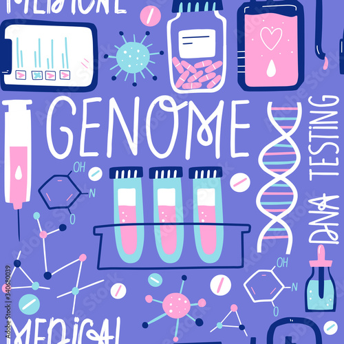 Human dna research technology symbols. Seamless pattern with human genome. Handdrawn vector illustration.