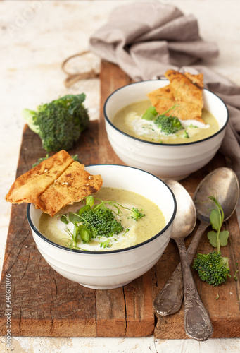 Spring  broccoli green cream soup. Vegan, vegetarian, healthy food concept