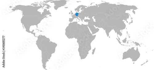 Qatar, germany countries highlighted on world map. Light gray background. Business, Political, trade, diplomatic relations.