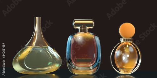 3d illustration perfume bottle stay on glass table with copy space on black background