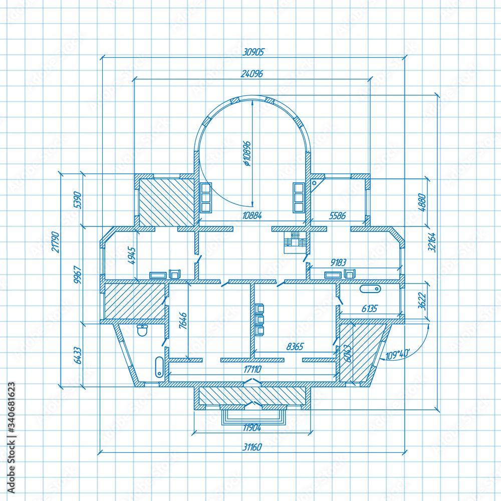 © Aliaksandr - House plan project . Drawing of a house on paper.Engineering design .Vector , illustration.