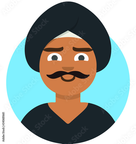 Islamic man in traditional arabic hat shemagh, khaliji or keffiyeh with  mustache. Arab hat. Muslim hat. Arabic man. Arabian Turban. Hindu man. Human, flat vector illustration. Icon, character, eps.