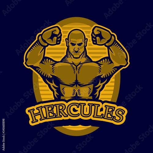 Ancient myth scene. Classical figure Hercules heroic on isolated background done in retro style. Hercules holds hand show his power orange and blue old painting. Myths Of Ancient Greece illustration