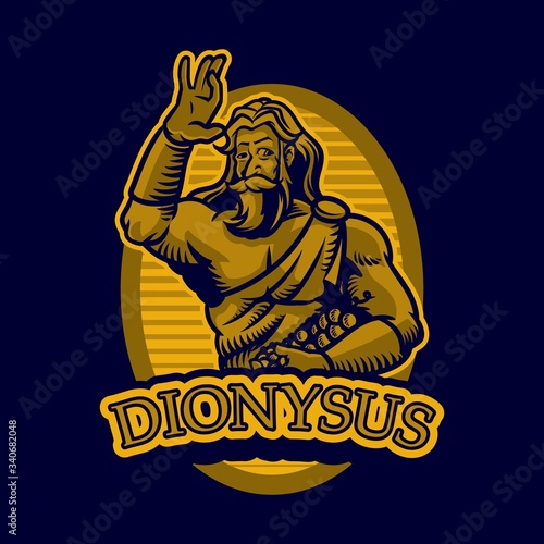 Greek god and goddess vector illustration series. Dionysus is the god of the grape-harvest, wine, ritual madness, and theater in ancient Greek religion. Painting in classical style.