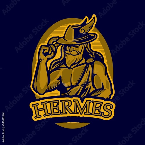 Greek gods vector illustration isolated on classical background. Ancient Greek god Hermes with a hat wings in his head. T-Shirt Design & Printing, clothes, bags, posters etc.