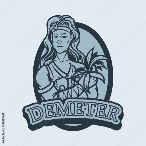 Mythology cartoon of famous ancient greece goddess demeter. Demeter cartoon with elegant figurine of greek goddess on ancient architecture background flat vector classical illustration