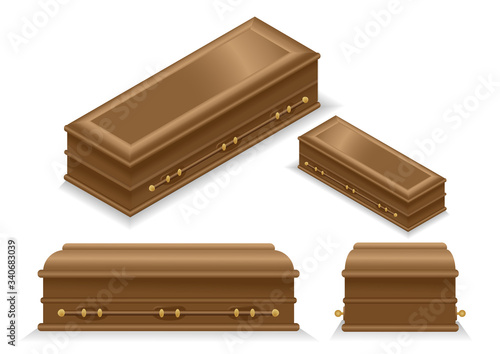 Wooden coffin isometric, side and front view on white background isolated.
