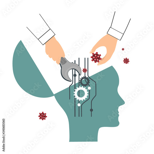 Thought Virus Vector. Widespread Panic, Mental Manipulation, Bad Thought Concept. Human Hand that Open the other Person Head and Putting the Virus Information. Illustration for Psychotherapy or NLP