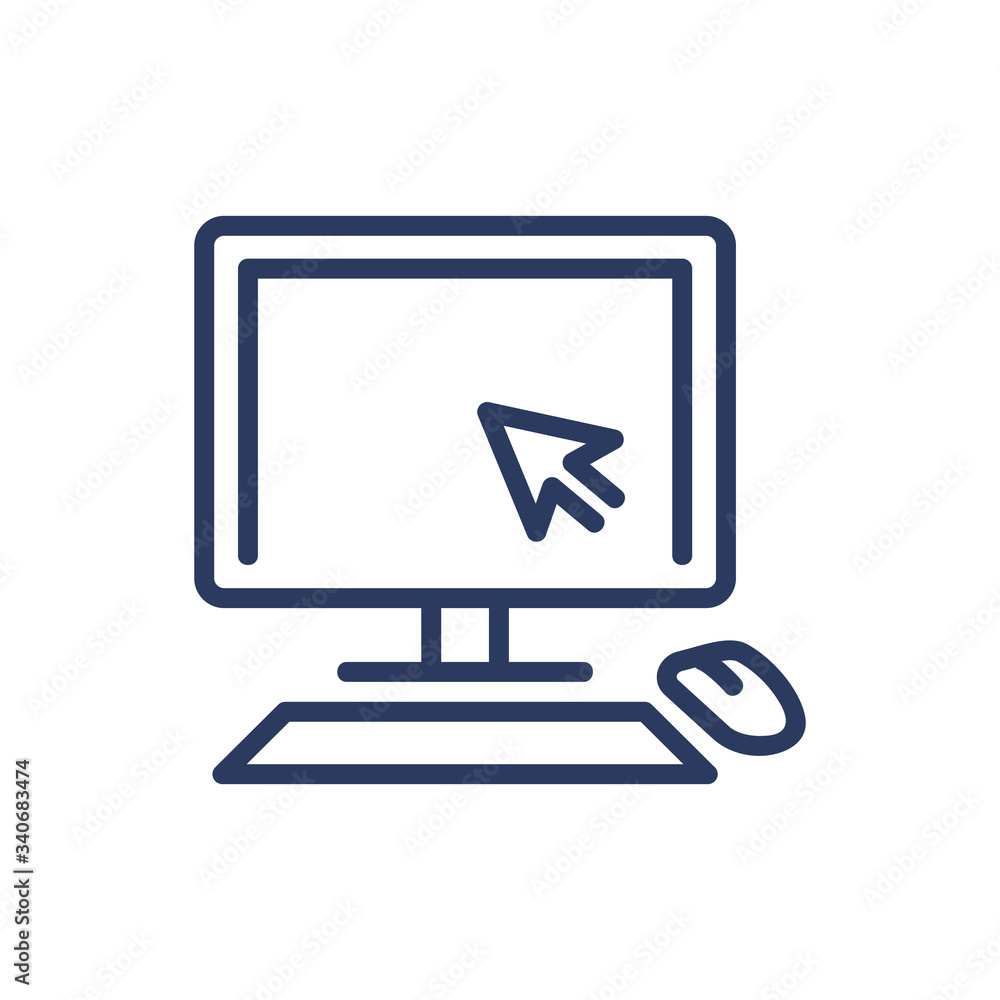Desktop thin line icon. Monitor, keyboard, mouth, cursor, workplace isolated outline sign. Computer technology concept. Vector illustration symbol element for web design and apps Desktop thin line icon. Monitor, keyboard, mouth, cursor, workplace isolated outline sign. Computer technology concept. Vector illustration symbol element for web design and apps
