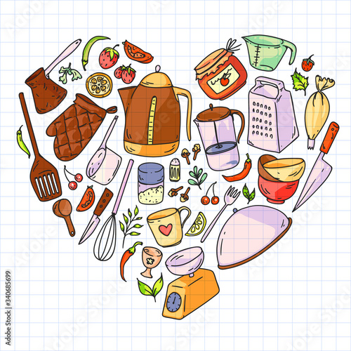 Cooking class. Kitchenware, utencils. Food and kitchen icons.