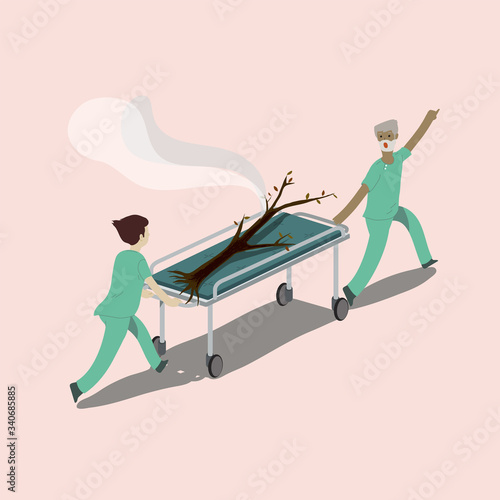 Burned tree being rescued by emergency team, rushing to ICU. Saving enveironment concept. Flat color vector illustration.