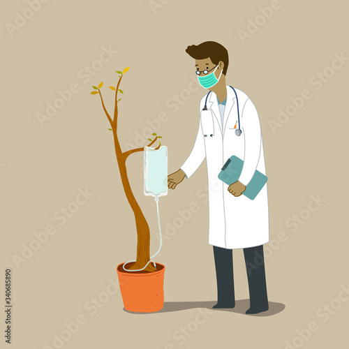 Doctor treating sick tree as a patient, saline bag hanging on the tree branch giving itself nutritiuos water. Metaphor for saving environment concept.