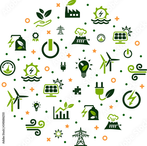 renewable / alternative energy vector illustration. Concept with icons related to green electricity sources / sustainable electricity – solar, wind, hydroelectric power.