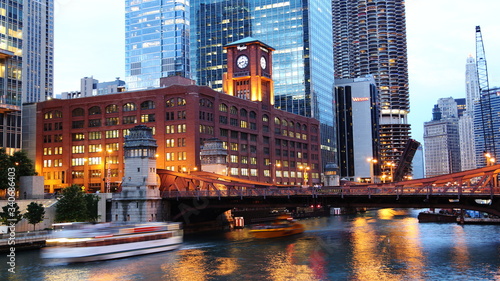 Low angle Reid Murdoch CO Building with Britannica clock locating in Chicago, Illinois, USA