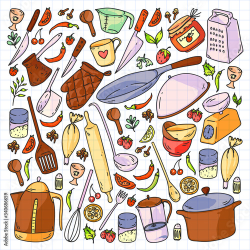 Cooking class. Kitchenware, utencils. Food and kitchen icons.