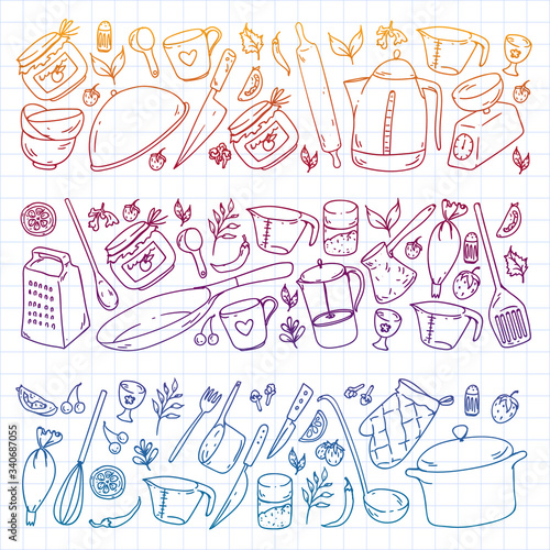 Cooking class. Kitchenware, utencils. Food and kitchen icons.