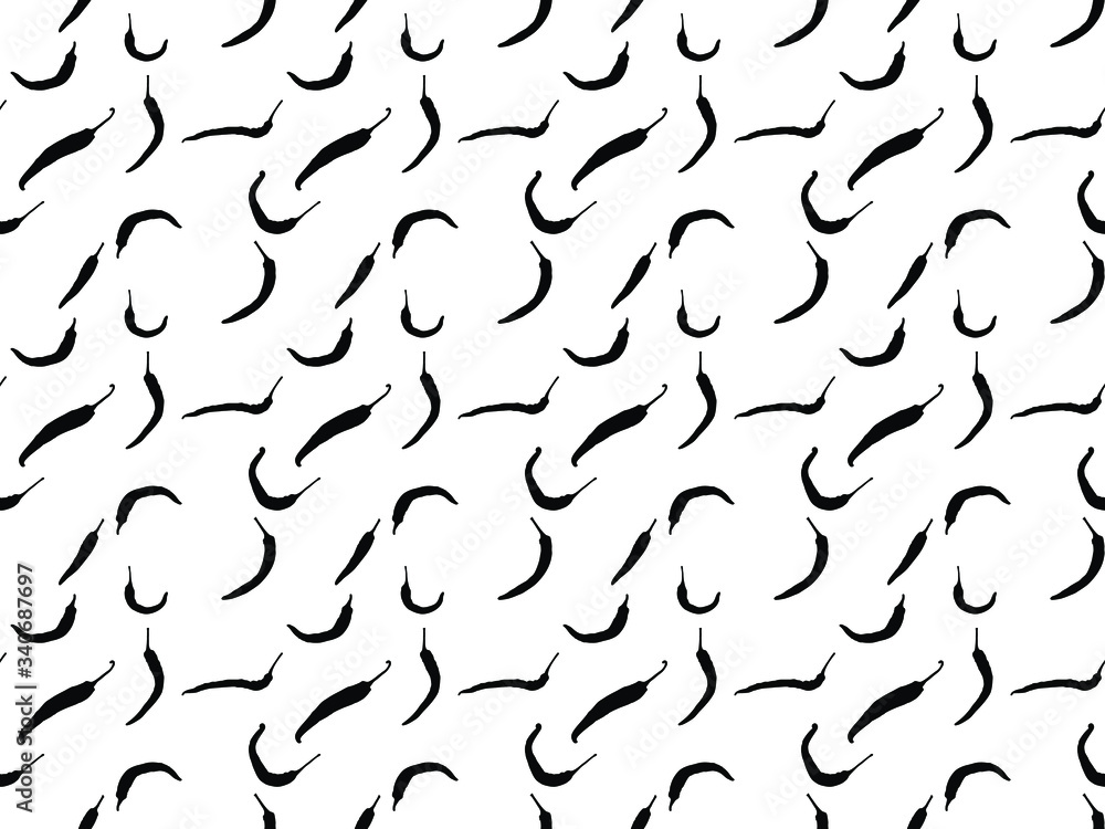 Seamless graphic design of endless repeated pattern of black spicy peppers illustration on white background