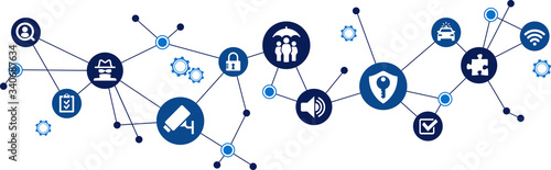 Security vector illustration. Concept with connected icons related to property surveillance / privacy protection / safety / monitoring.