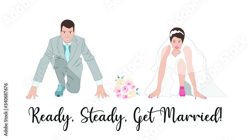 Wedding invitation, card, greeting. Groom and Bride getting ready for the marriage. Couple at the start line of a new beginning