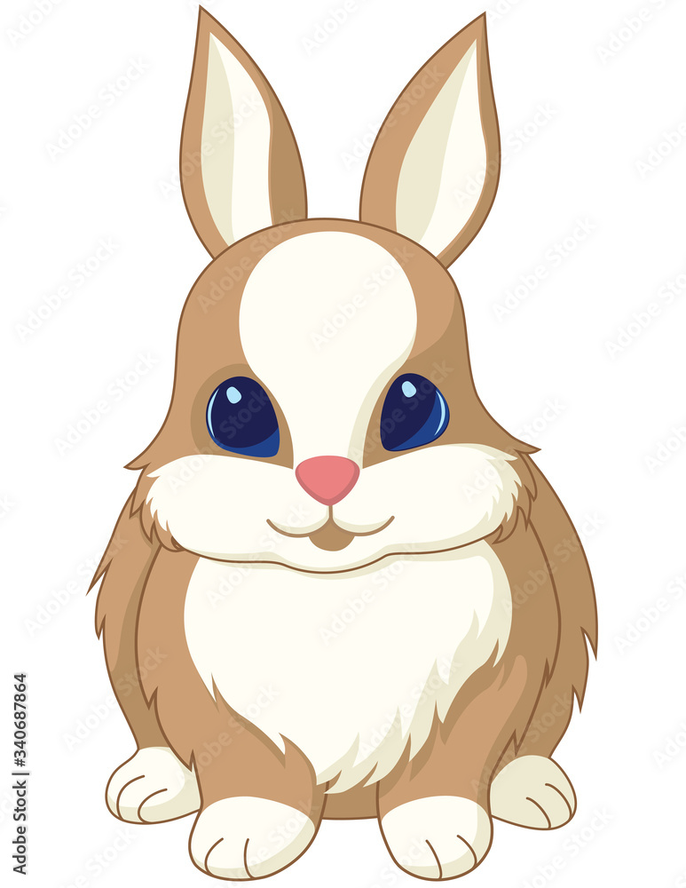 Obraz premium Brown and White rebbit. rodent is sitting. Cartoon lapin. The Cute hare looks at us. Vector coney. the Bunny with brown back, white breast. Rasterized copy, isolated.