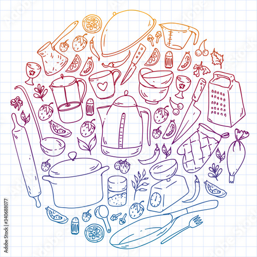 Cooking class. Kitchenware, utencils. Food and kitchen icons.