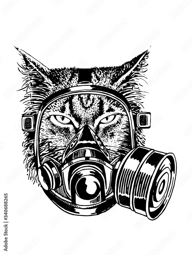 Graphical sketch of cat in gas mask isolated on white, vector