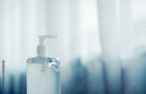 sanitizer gel bottle for cleaning hand during Coronavirus, 2019-NCOV or COVID-19 prevention, hygiene and healthcare concept, copy space