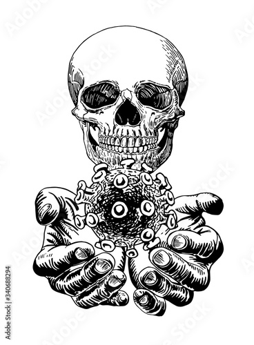 Graphical sketch of dead man holding coronavirus molecule isolated on white, vector illustration, covid-19