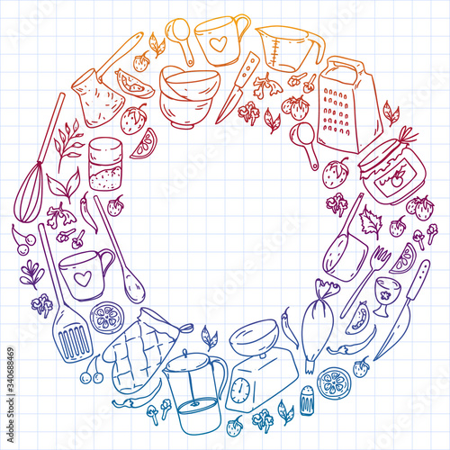 Cooking class. Kitchenware, utencils. Food and kitchen icons.