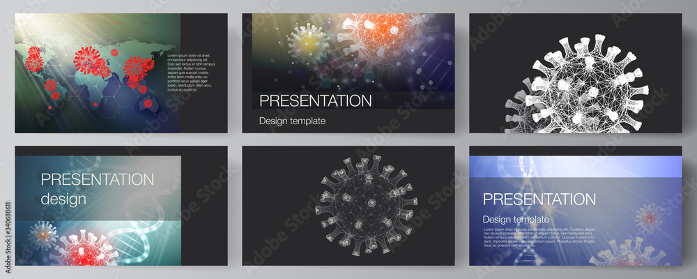Vector layout of the presentation slides design business templates, multipurpose template for presentation report. 3d medical background of corona virus. Covid 19, coronavirus infection. Virus concept