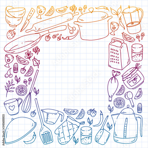 Cooking class. Kitchenware, utencils. Food and kitchen icons.