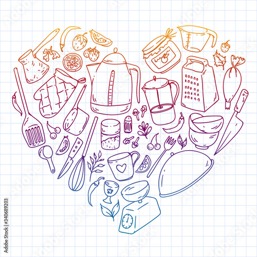 Cooking class. Kitchenware, utencils. Food and kitchen icons.