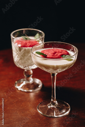 Stock Photo - Dessert panna cotta with fresh berries on a dark background
