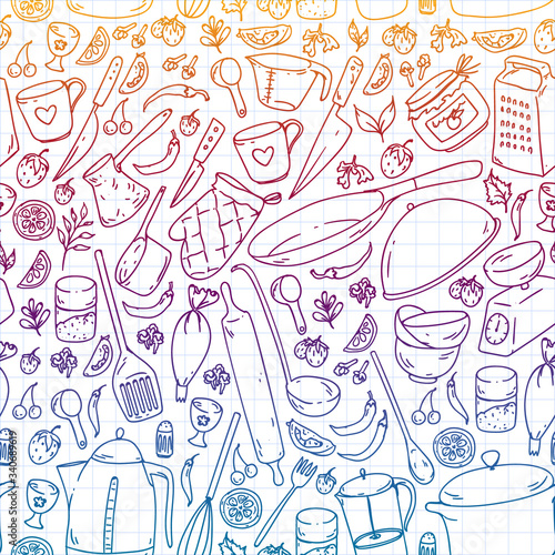 Cooking class. Kitchenware, utencils. Food and kitchen icons.