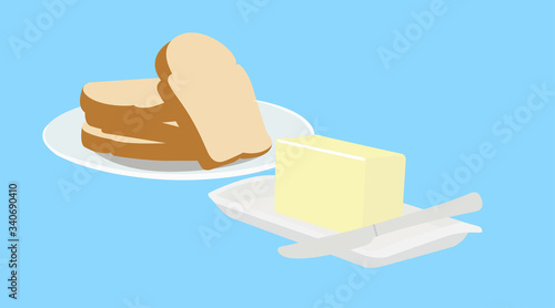 Vector Isolated Illustration of Toasts in a Plate, with Butter and a Knife