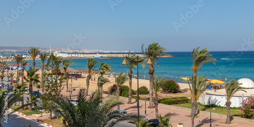 Yasmine Hammamet, TUNISIA - JULY 17 2018: A view from Tunisian hotel room on the beach and Mediterranean sea
