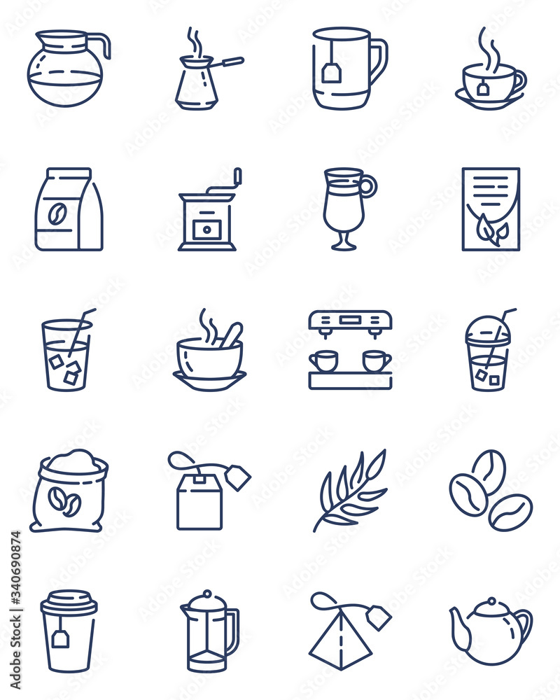Coffee and tea line icons set. Hot chocolate and ice drinks, shakes, cups, roasted beans. Thin icons can be used for refreshment, coffee shop, morning, kitchen concept Coffee and tea line icons set. Hot chocolate and ice drinks, shakes, cups, roasted beans. Thin icons can be used for refreshment, coffee shop, morning, kitchen concept