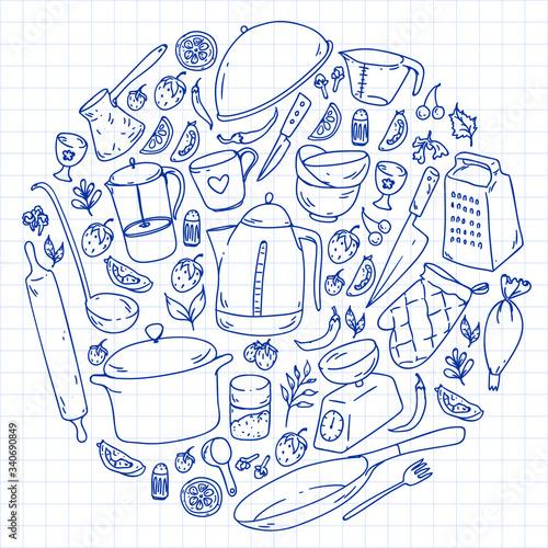 Cooking class, menu. Kitchenware, utencils Food and kitchen icons