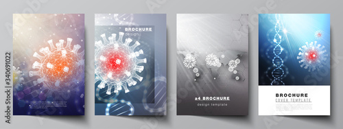 Vector layout of A4 cover mockups templates for brochure, flyer layout, booklet, cover design, book design. 3d medical background of corona virus. Covid 19, coronavirus infection. Virus concept.