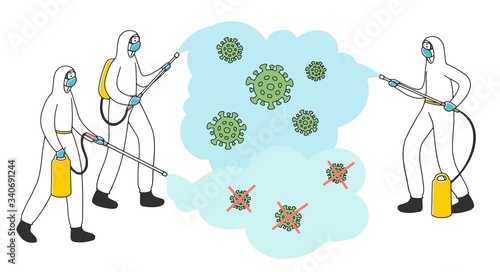 Street and public places disinfection. Men wearing protective suits spraying sanitizing chemicals and killing virus. Vector illustration for 2019-ncov, coronavirus pandemic, outbreak concept