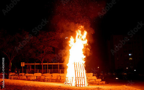 Bonfire at Jewish holiday of Lag Baomer, the day of commemorate the death of Rabbi Shimon Bar Yochai photo
