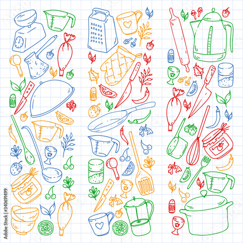Cooking class. Menu. Kitchenware, utencils. Food and kitchen icons.