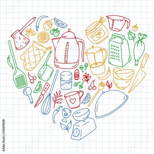 Cooking class. Menu. Kitchenware, utencils. Food and kitchen icons.