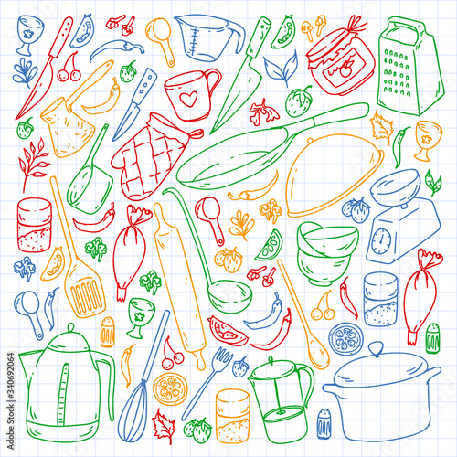 Cooking class. Menu. Kitchenware, utencils. Food and kitchen icons.