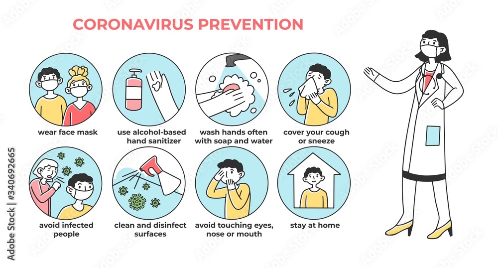 Coronavirus prevention tip. Doctor presenting list of measures to stop corona virus spreading. Vector illustration for ncov-2019, protection, safety, epidemic, infection concept