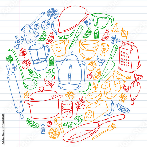 Cooking class. Kitchenware, utencils. Food and kitchen icons.