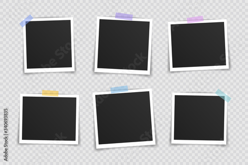 Vector Photo frame mockup design. Super set photo frame on sticky tape isolated on transparent background. Vector illustration