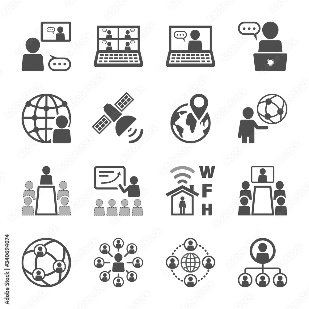 Fototapeta premium Meeting Video conference icon set. Device with technology of cam. Human and connection technology.